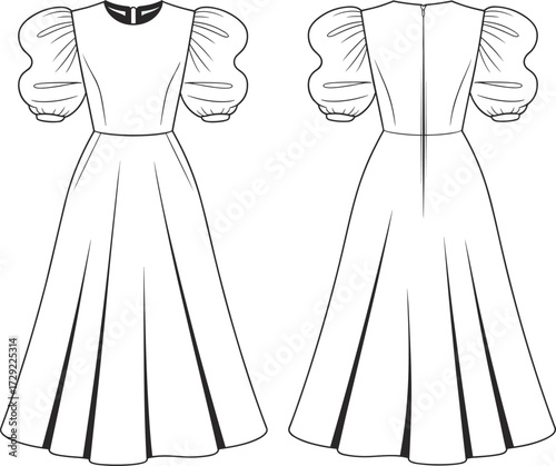 Cad drawing flat vector illustration of elegant women’s puff sleeve maxi dress design, stylish evening fashion template, detailed garment technical sketch