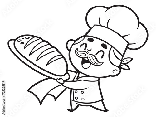 Cute cartoon chef holding loaf of bread with mustache and hat outlined clipart line art illustration for a children's coloring book