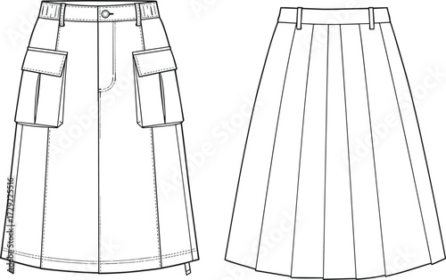 Cad drawing flat vector illustration of fashionable women’s cargo midi skirt with side pockets and pleated back panel design
