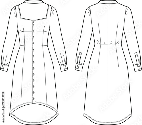 Cad drawing flat vector illustration of long sleeve button front midi dress with square neckline elegant fashion sewing pattern template