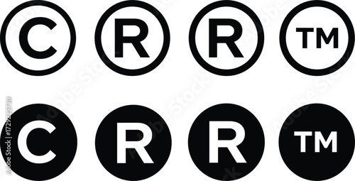 Copyright symbol, trademark symbol, registered trademark, legal protection, intellectual property, icon set, branding, logo, rights, secure, design, graphic, minimal, ownership, content
