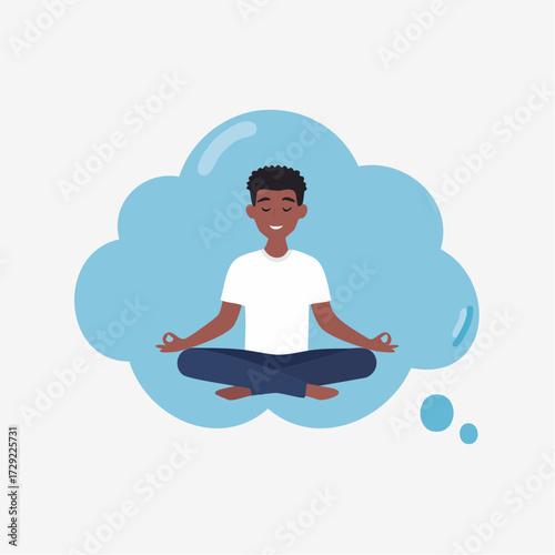 Meditating man in thought bubble representing mindfulness, peace, and inner reflection