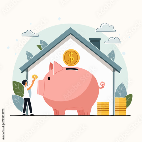 A person saving money in a piggy bank under a roof, symbolizing home savings and financial security