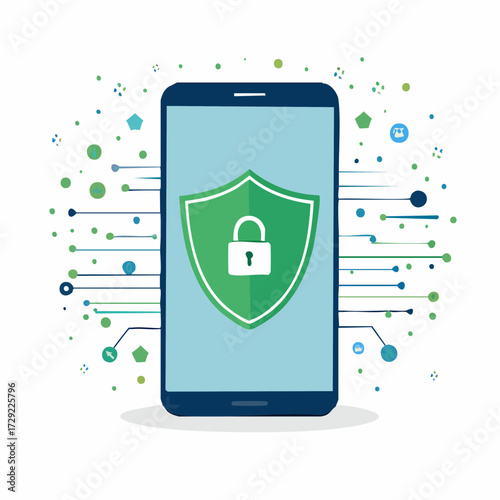 Smartphone security concept with digital shield, padlock, and glowing data lines on a clean background, representing cyber safety
