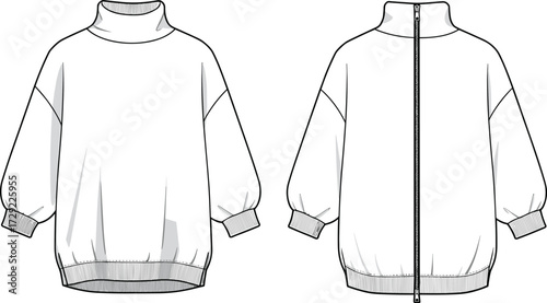 Cad drawing flat vector illustration of oversized high neck sweatshirt with long sleeves ribbed cuffs and full back zipper design template