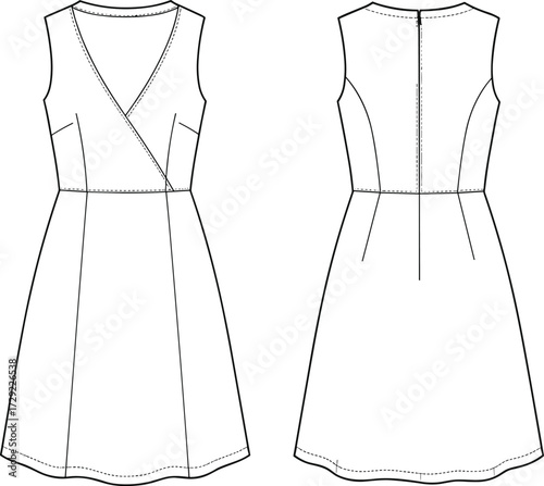 Cad drawing flat vector illustration of sleeveless wrap front dress with fitted waist and back zipper, elegant casual summer fashion template