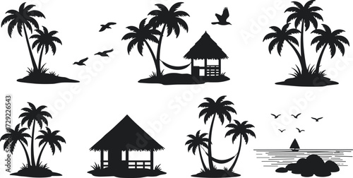 Tropical island silhouettes, palm trees, beach huts, hammock, sailboat, birds, ocean view, summer holiday icons, travel vector illustration