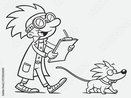 Funny cartoon scientist holding clipboard with small dog companion outlined vector illustration line art illustration for a children's coloring book