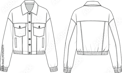 Cad drawing flat vector illustration of stylish button front denim jacket with chest pockets, long sleeves, elastic hem fashion template