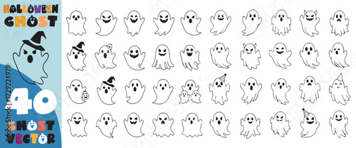 Collection of 40 unique and fun cartoon ghost illustrations with various spooky and cute facial expressions for halloween designs