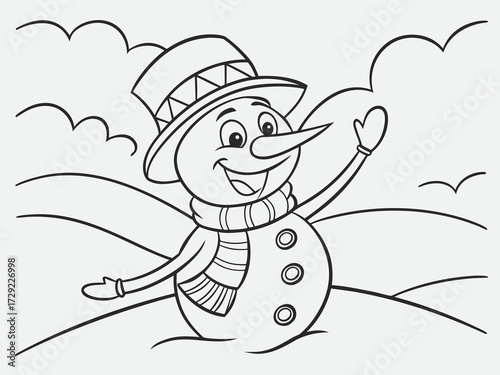 Happy cartoon snowman wearing hat and scarf waving hand outlined winter design line art illustration for a children's coloring book