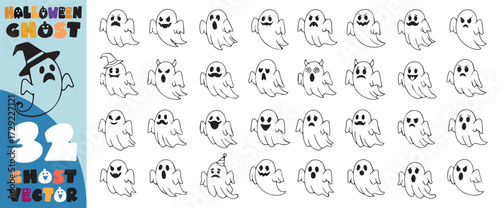 Collection of cute and spooky hand drawn cartoon ghost illustrations with various expressions and poses for halloween