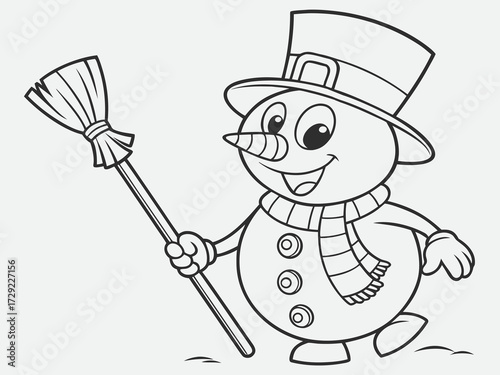 Happy cartoon snowman with top hat cane and broom outlined winter holiday illustration line art illustration for a children's coloring book