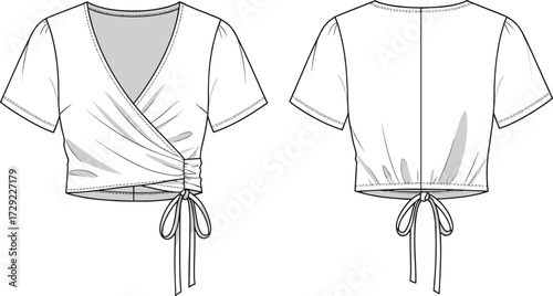 Cad drawing flat vector illustration of stylish short sleeve wrap crop top with front tie detail fashion technical sketch template design