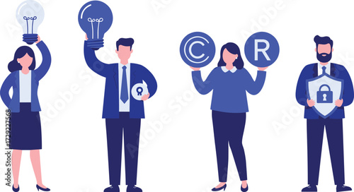 Innovation, idea, copyright, trademark, intellectual property, business, protection, security, legal, creative, concept, symbol, team, people, rights, data, access, shield, key, bulb