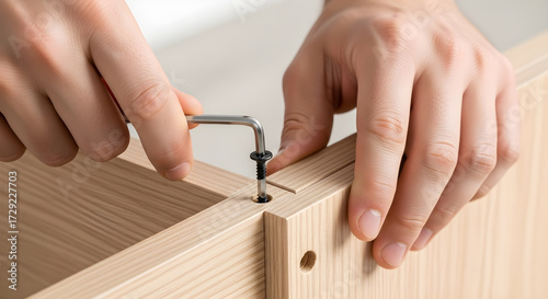 Assembling light wood furniture with an Allen wrench and screw.