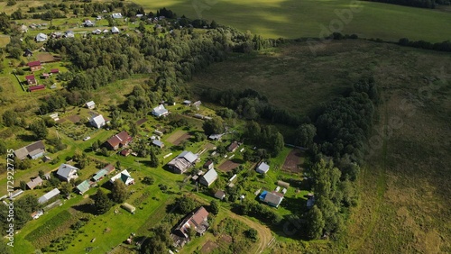 A small provincial village in the depths of the forest, with green fields in the background, filmed from above by a drone.