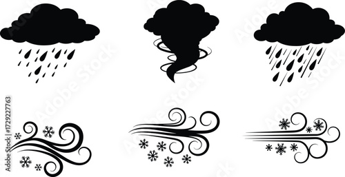 Weather icons silhouettes, rain, tornado, heavy storm, snow, blizzard, wind, climate symbols, forecast design, meteorology vector illustration set