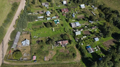 A small provincial village in the depths of the forest, with green fields in the background, filmed from above by a drone.