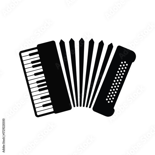 Minimalist black and white accordion icon with piano keys bellows and button details vector illustration