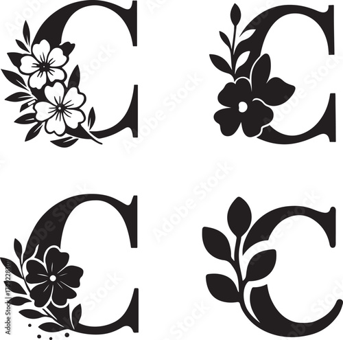 Floral Letter C Monogram  Bundle Botanical Alphabet Clip Art