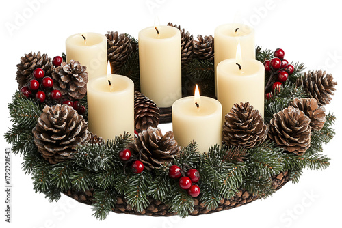 Advent wreath adorned with candle centerpiece isolated on transparent background