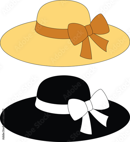 Digital illustration of two elegant sun hats with ribbon bows in yellow and black minimalist fashion vector design