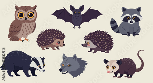 Cartoon illustration of various nocturnal animals on a light background