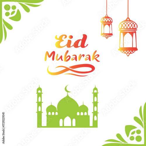 Eid Mubarak Greeting with Crescent Moon, Lanterns, and Mosque Illustration