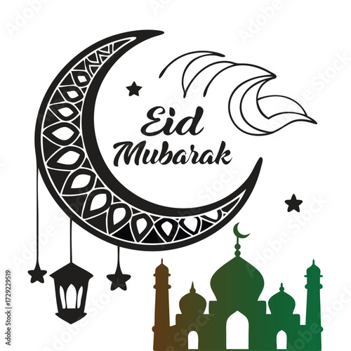 Eid Mubarak Greeting with Crescent Moon, Lanterns, and Mosque Illustration