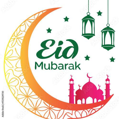 Eid Mubarak Greeting with Crescent Moon, Lanterns, and Mosque Illustration
