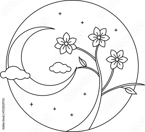 Blossom Moonrise Coloring Page – Enchanted Floral Night Illustration