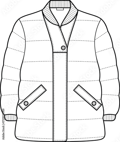 Padded winter coat technical fashion illustration, quilted jacket flat sketch vector template, CAD drawing outerwear garment design for clothing production