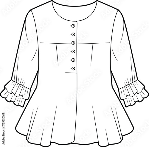Ruffle sleeve blouse technical sketch, button placket peplum silhouette fashion flat, yoke seam detail, cad drawing flat vector illustration