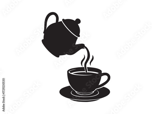 Hot cup of tea with teapot and saucer on a white table for breakfast.