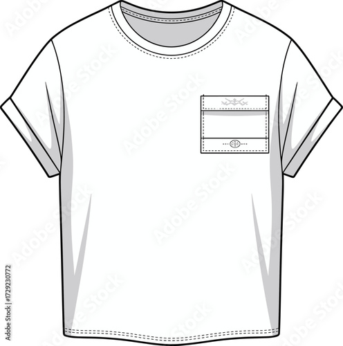 Short-sleeve t-shirt technical sketch, chest pocket button detail fashion flat, round neckline seam design, cad drawing flat vector illustration