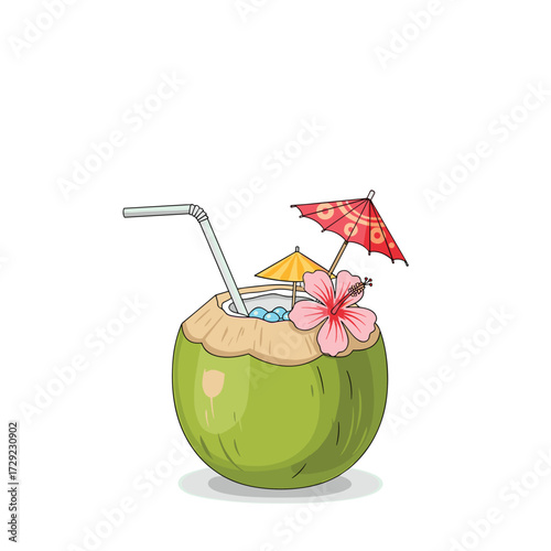 A refreshing tropical coconut drink with a straw and umbrella.