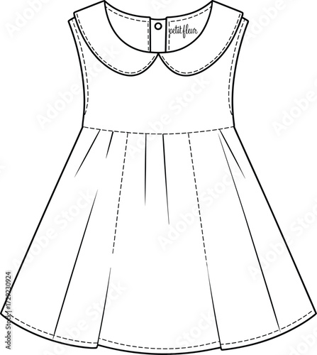Sleeveless pleated dress technical sketch, Peter Pan collar fitted bodice fashion flat, button closure detail, cad drawing flat vector illustration