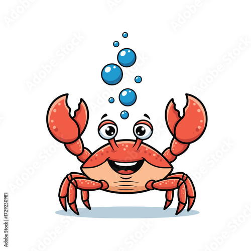 A cheerful cartoon crab with bubbles rising above its head.