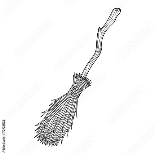A traditional handcrafted twig broomstick with a rustic wooden handle and natural bristle head for cleaning chores.