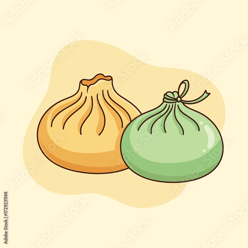 Two delicious steamed dumplings with a light yellow and green color.