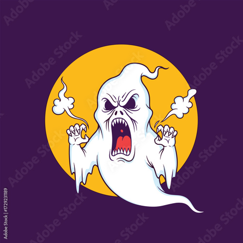 A scary ghost with an open mouth and outstretched claws erupts from a full moon.