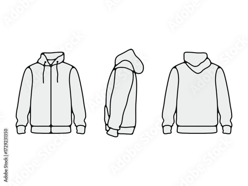 White Hoodie Mockup Template. Front, Side, and Back View. Blank Hoodie Template Editable Vector, Unisex Zip-Up Hoodie Mockup 3 Angles