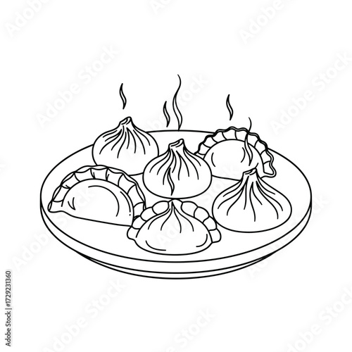 Steaming hot dumplings are served on a round plate.