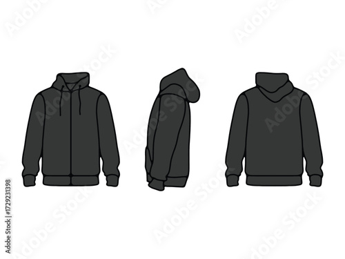 Black Hoodie Mockup Template. Front, Side, and Back View. Zip-Up Hoodie Template Editable Vector, Unisex Hoodie Mockup 3 Angles