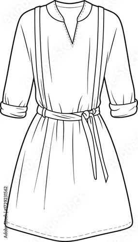 V-neck belted dress technical sketch, rolled sleeve pleated structure fashion flat, collar detail design, cad drawing flat vector illustration