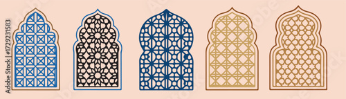  Islamic windows and door vector set . For use modern style design, door mosque, mosque dome and lanterns.