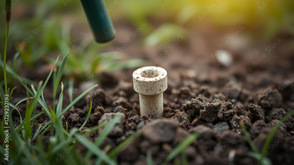 Fototapeta premium Selective focus on soil plug from a lawn aerator