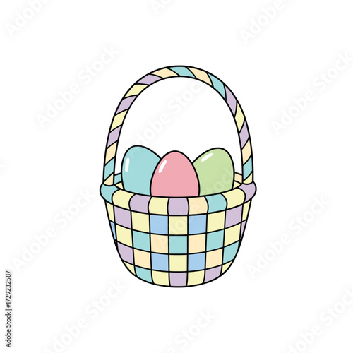 A pastel colored basket filled with four colorful Easter eggs.