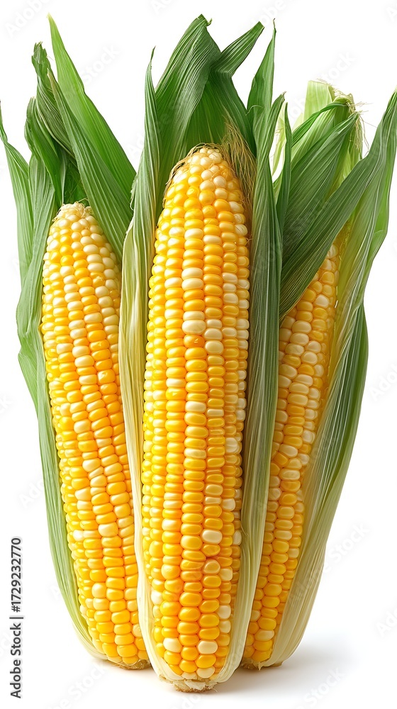 Obraz premium Freshly harvested sweet corn cobs bursting with vibrant yellow kernels and lush green husks, perfect for summer recipes and healthy eating inspiration.